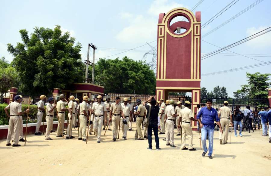 Gurugram: Security beefed up outside Ryan International School after a seven-year-old boy was found dead by a school staff in the washroom with his throat slit, in Gurugram's Bhondsi on Sept 8, 2017. (Photo: IANS) by .