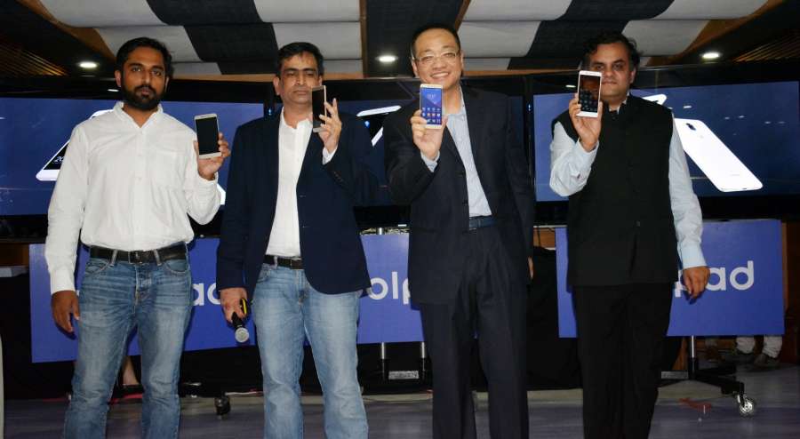 Dubai: (L to R) Sumod George Zachariah, Category Head, Amazon India; Syed Tajuddin, CEO, Coolpad India; James Du, CEO, Coolpad Global and Anirudh Dhoot, Director, Videocon during the launch of Coolpad Cool Play 6 in Dubai on Aug. 20, 2017. Coolpad Cool Play 6 smartphone is powered by 1.95Ghz Octa-core Qualcomm Snapdragon 653 processor and packs 6GB of RAM, making it the most affordable smartphone with 6GB RAM in India. (Photo: Partha Mitra/IANS) by .