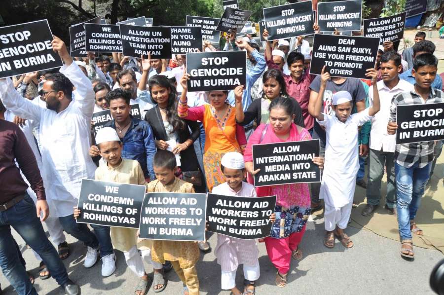 New Delhi: Immigrant Rohingya Muslims stage a demonstration at the Jantar Mantar against persecution of the community in Myanmar and demanded that the Indian government must intervene to save them, in New Delhi on Sept 5, 2017. (Photo: IANS) by . 