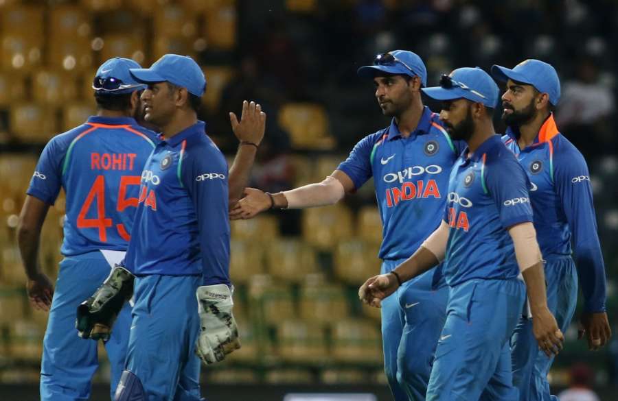 Colombo: Indian players leave the field after the end of Sri Lankan innings during the fifth ODI match between India and Sri Lanka at R.Premadasa Stadium in Colombo, Sri Lanka on Sept 3, 2017. (Photo: Surjeet Yadav/IANS) by .