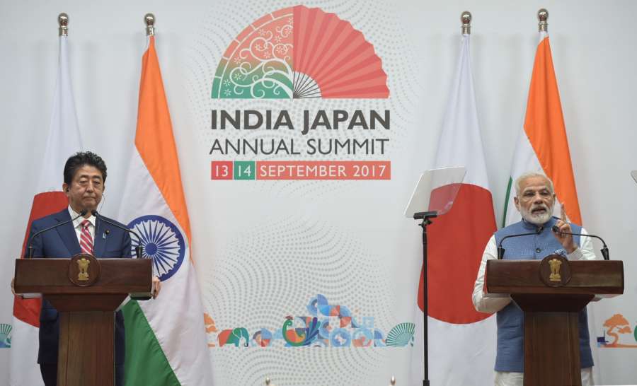 Gandhinagar: Prime Minister Narendra Modi and Japanese Prime Minister Shinzo Abe at the joint press statement during 12th India Japan Annual Summit at Mahatma Mandir in Gandhinagar on Sept 14, 2017. (Photo: IANS/PIB) by .