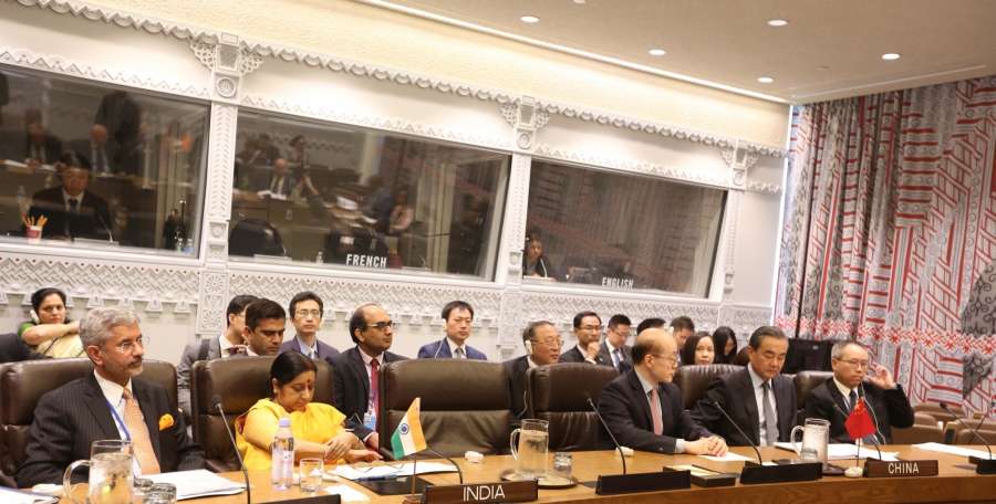 New York: External Affairs Minister Sushma Swaraj attends a meeting of BRICS leaders on the sidelines of the United Nations General Assembly in New York on Sept 21, 2017. (Photo: âMohammed Jafferâ/ââIANS) by .