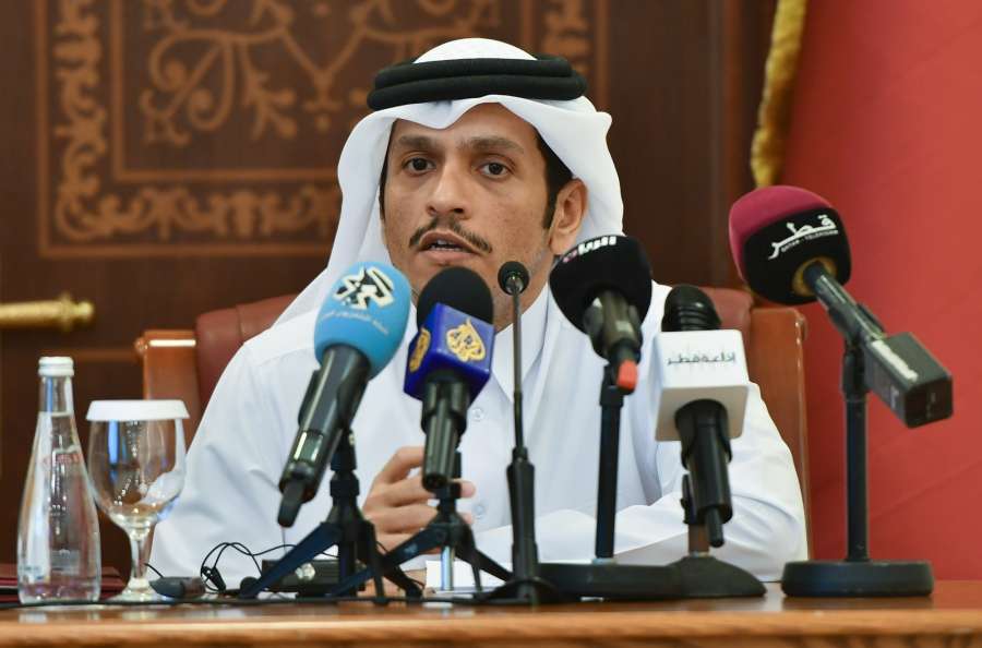 DOHA, Aug. 30, 2017 (Xinhua) -- Qatari Foreign Minister Sheikh Mohamed bin Abdulrahman Al-Thani attends a joint press conference with Russian Foreign Minister Sergey Lavrov (not in the picture) after their meeting in Doha, capital of Qatar, Aug. 30, 2017. (Xinhua/Nikku/IANS) by .