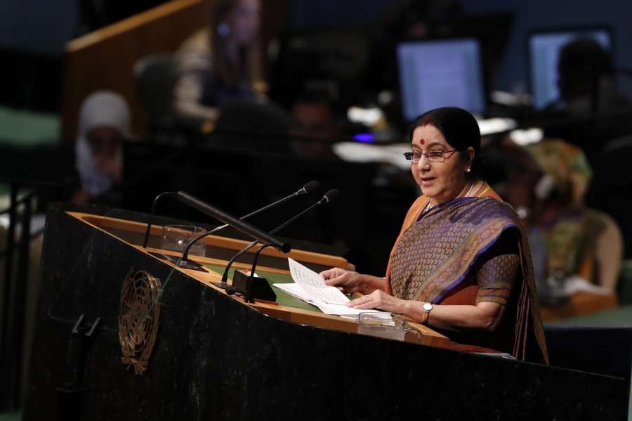 UNITED NATIONS, Sept. 23, 2017 (Xinhua) -- Indian External Affairs Minister Sushma Swaraj addresses the General Debate of the 72nd session of the United Nations General Assembly at the UN headquarters in New York, Sept. 23, 2017. (Xinhua/Li Muzi/IANS) by .