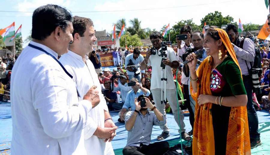Hanjadapar: Congress Vice President Rahul Gandhi during a road show at Hanjadapar village in Dwarka district of Gujarat on Sept 25, 2017. (Photo: IANS) by .