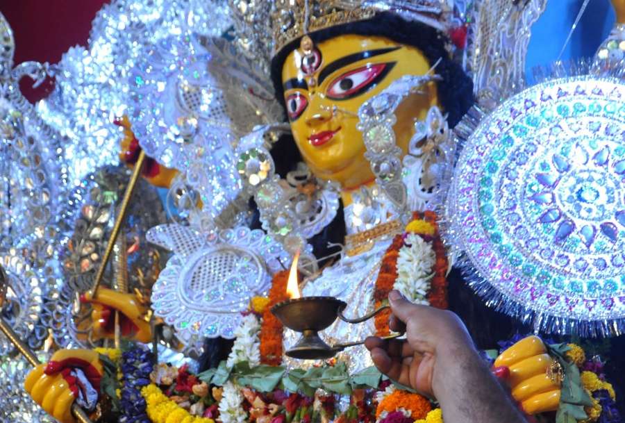 Kolkata: An idol of Goddess Durga at a ââSalt Lakeâ ââpandal in Kolkata on Sept 28, 2017. (Photo: Kuntal Chakrabarty/IANS) by .