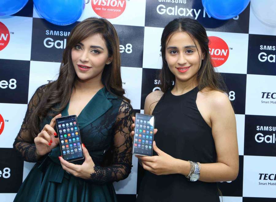 Hyderabad: Actresses Angela Krislinzk and Simrath during the launch of Samsung Galaxy Note8 smartphone in Hyderabad on Sept 21, 2017. (Photo: IANS) by .