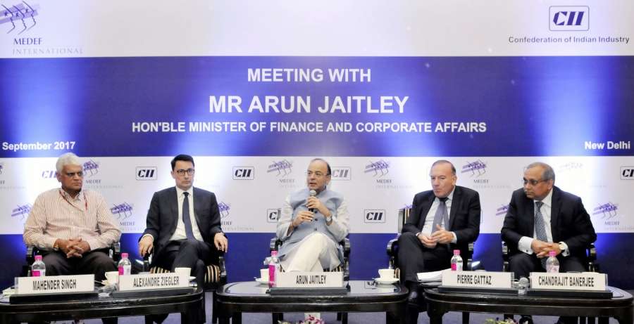 New Delhi: Union Minister for Finance and Corporate Affairs Arun Jaitley addresses at the French delegation of business leaders led by the President of MEDEF P Gattaz in New Delhi on Sept 26, 2017. (Photo: IANS/PIB) by .