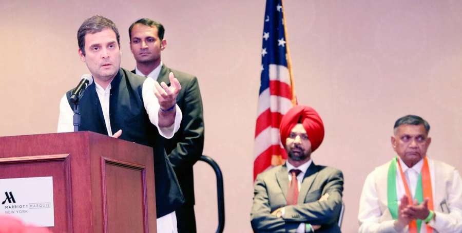 New York: Congress Vice President Rahul Gandhi addresses during a meeting organised by Indian National Overseas Congress (INOC) in New York on Sept 21, 2017. (Photo: IANS/Twitter@OfficeOfRG) by .