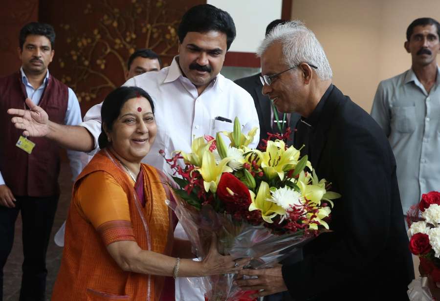 New Delhi: External Affairs Minister Sushma Swaraj meets Father Tom Uzhunnalil who was recently rescued from captivity in Yemen, in New Delhi on Sept 28, 2017. (Photo: IANS) by .