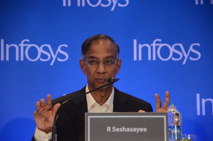 Mumbai: Infosys Chairman R Seshasayee addresses during a press conference in Mumbai on Feb 13, 2017. (Photo: Sandeep Mahankal/IANS) by .