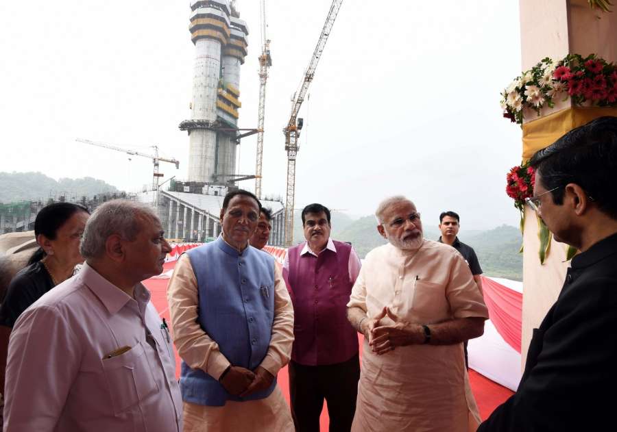 Gujarat: Prime Minister Narendra Modi overviews the construction work of Statue of Unity in Gujarat on Sept 17, 2017. (Photo: IANS/PIB) by .