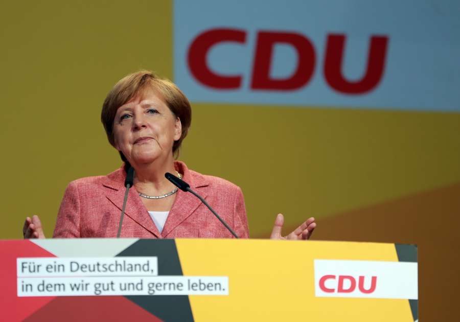 FULDA, Aug. 26, 2017 (Xinhua) -- German Chancellor Angela Merkel speaks during an election rally for Germany's federal election in Fulda, Germany, on Aug. 25, 2017. Germans will elect a new federal parliament on Sept. 24. (Xinhua/Luo Huanhuan/IANS) by .