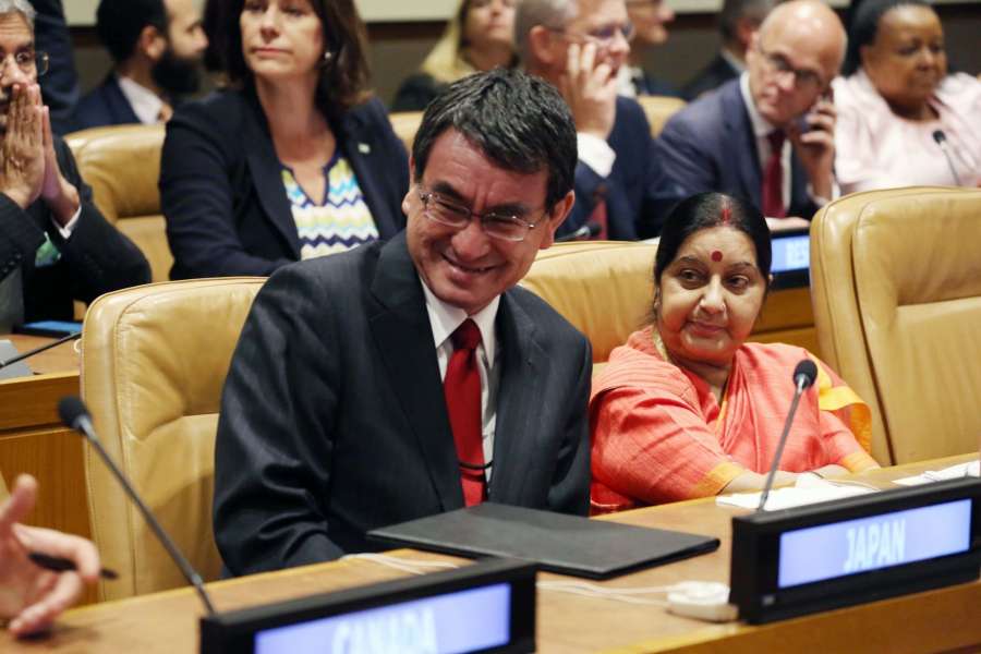 New York: External Affairs Minister Sushma Swaraj with world leaders at the UN meeting on climate change in New York on Sept. 19, 2017. (Photo: Mohammed Jaffer/IANS) by .