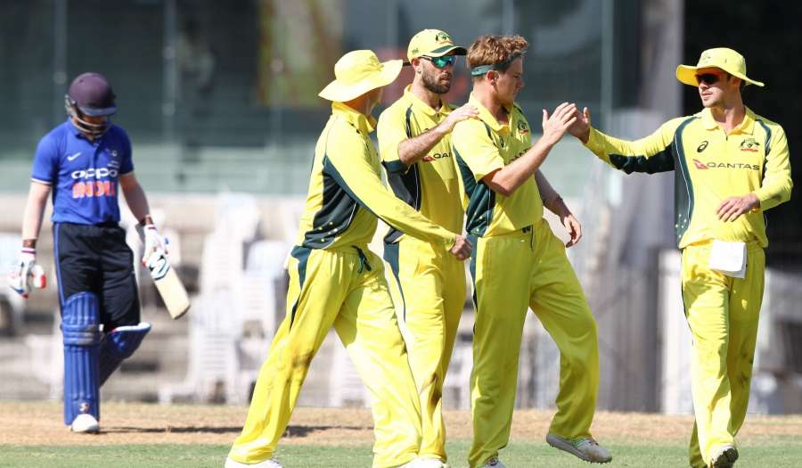 Chennai: Australian cricketers celebrate fall of a wicket during a warm-up match between India Board President's XI and Australia at MA Chidambaram Stadium in Chennai on Sept 12, 2017. (Photo: IANS) by .