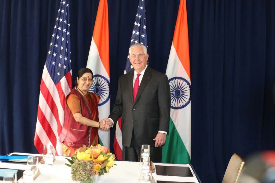 New York: External Affairs Minister Sushma Swaraj meets US Secretary of State Rex Tillerson on the sidelines of the United Nations General Assembly in New York on Sept 22, 2017. (Photo: âMohammed Jafferâ/ââIANS) by .