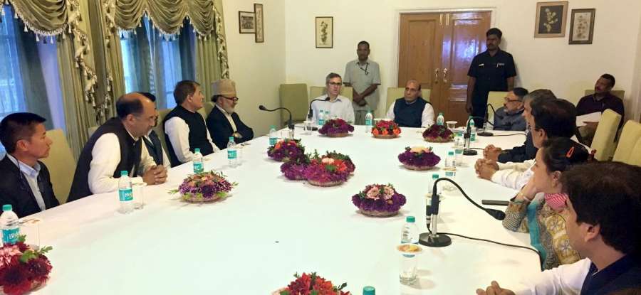 Srinagar: A delegation of Jammu and Kashmir Peopleâs Conference led by Working President Omar Abdullah calls on Union Home Minister Rajnath Singh in Srinagar on Sept 10, 2017. (Photo: IANS/PIB) by .