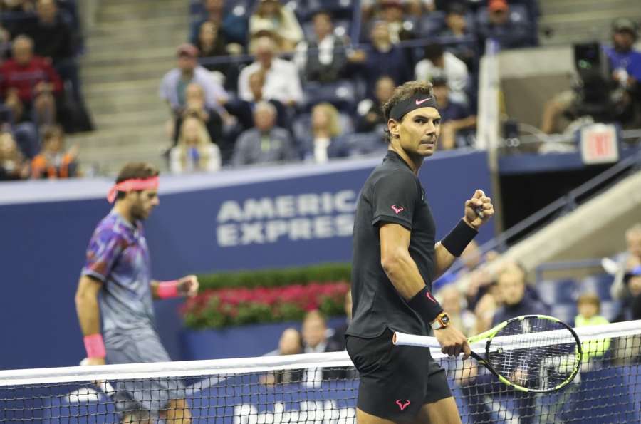 NEW YORK, Sept. 9, 2017 (Xinhua) -- Rafael Nadal of Spain celebrates during the men's singles semifinal match against Juan Martin del Potro of Argentinaat the 2017 U.S. Open in New York, the United States, Sept. 8, 2017. Rafael Nadal won 3-1 to enter the final. (Xinhua/Wang Ying/IANS) by .