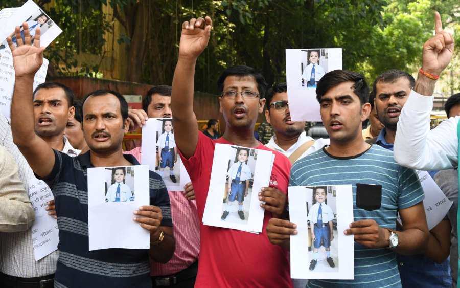 New Delhi: Parents stage a protest over the brutal murder of a seven-year-old student inside the washroom of Ryan International School at Jantar Mantar in New Delhi on Sept 10, 2017. (Photo: IANS) by .