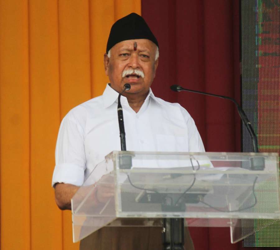 Nagpur: RSS chief Mohan Bhagwat addresses during a programme organised on Vijaya Dashmi at RSS Headquarters in Nagpur, on Sept 30, 2017. (Photo: IANS) by .