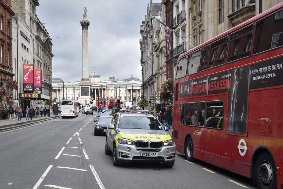 LONDON, Sept. 16, 2017 (Xinhua) -- A police vehicle patrols on a street in London, Britain on Sept. 16, 2017. British Prime Minister Theresa May said Friday that the terror threat level is raised to critical, which means a further terrorist attack in Britain may be imminent. (Xinhua/Stephen Chung/IANS) by .