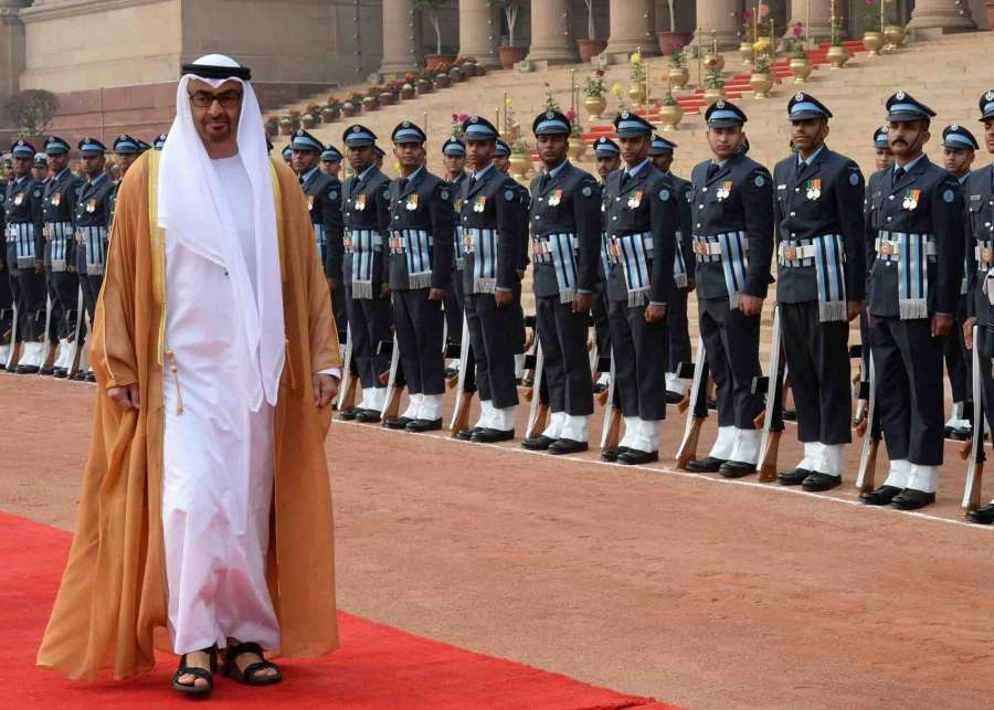 New Delhi: President Pranab Mukherjee, Prime Minister Narendra Modi receives General Sheikh Mohammed Bin Zayed Al Nahyan, Crown Prince of Adu Dhabiduring his ceremonial reception at Rashtrapati Bhavan on Jan 25, 2017. (Photo: IANS/RB) by .