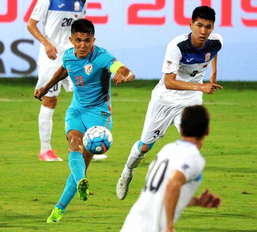 Sunil Chhetri of India in action against Kyrgyz Republic during an AFC Asian Cup UAE 2019 qualifying match in Bengaluru on June 13, 2017. (Photo: IANS) by .
