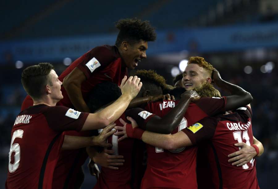 New Delhi: Josh Sargent of USA celebrates with team mates after scoring a goal during a FIFA U-17 World Cup 2017 Group A match between India and USA at Jawaharlal Nehru Stadium in New Delhi, on Oct 6, 2017. (Photo: IANS) by .