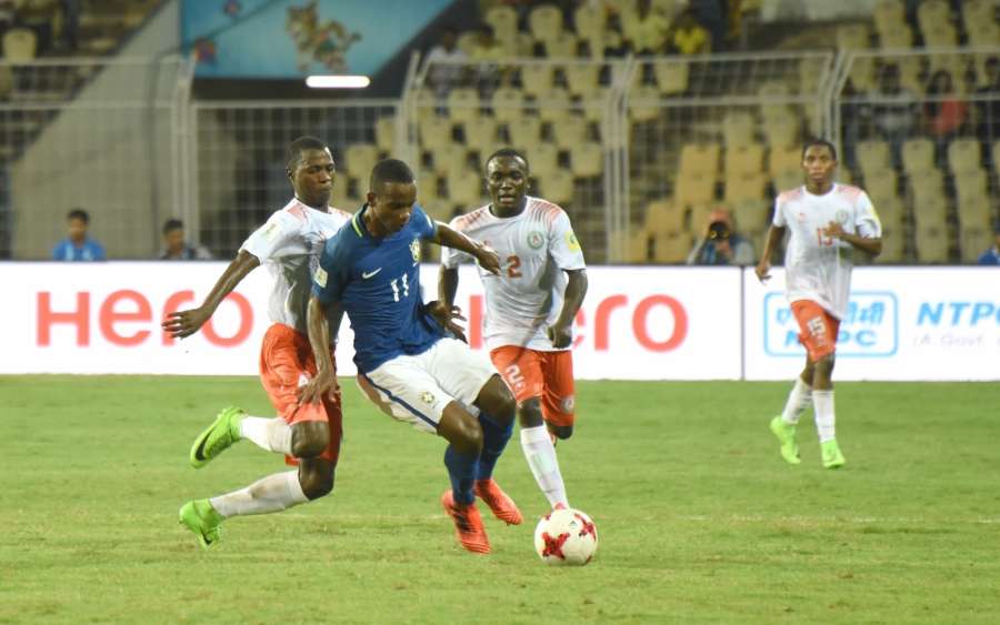 Fatorda: Players in action during a FIFA U-17 World Cup Group C match between Brazil and Niger at Pandit Jawaharlal Nehru Stadium in Fatorda, Goa on Oct 13, 2017. (Photo: IANS) by .
