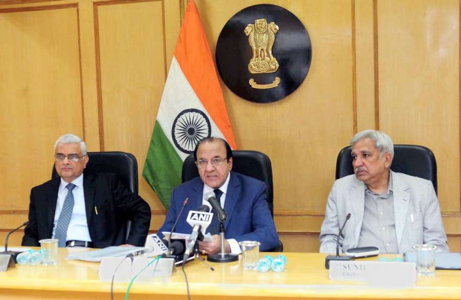 New Delhi: Chief Election Commissioner Achal Kumar Jyoti addresses a press conference to announce the schedule for Assembly Elections to Gujarat and Himachal Pradesh in New Delhi on Oct 12, 2017. Also seen Election Commissioners O.P. Rawat and Sunil Arora. (Photo: IANS/PIB) by .
