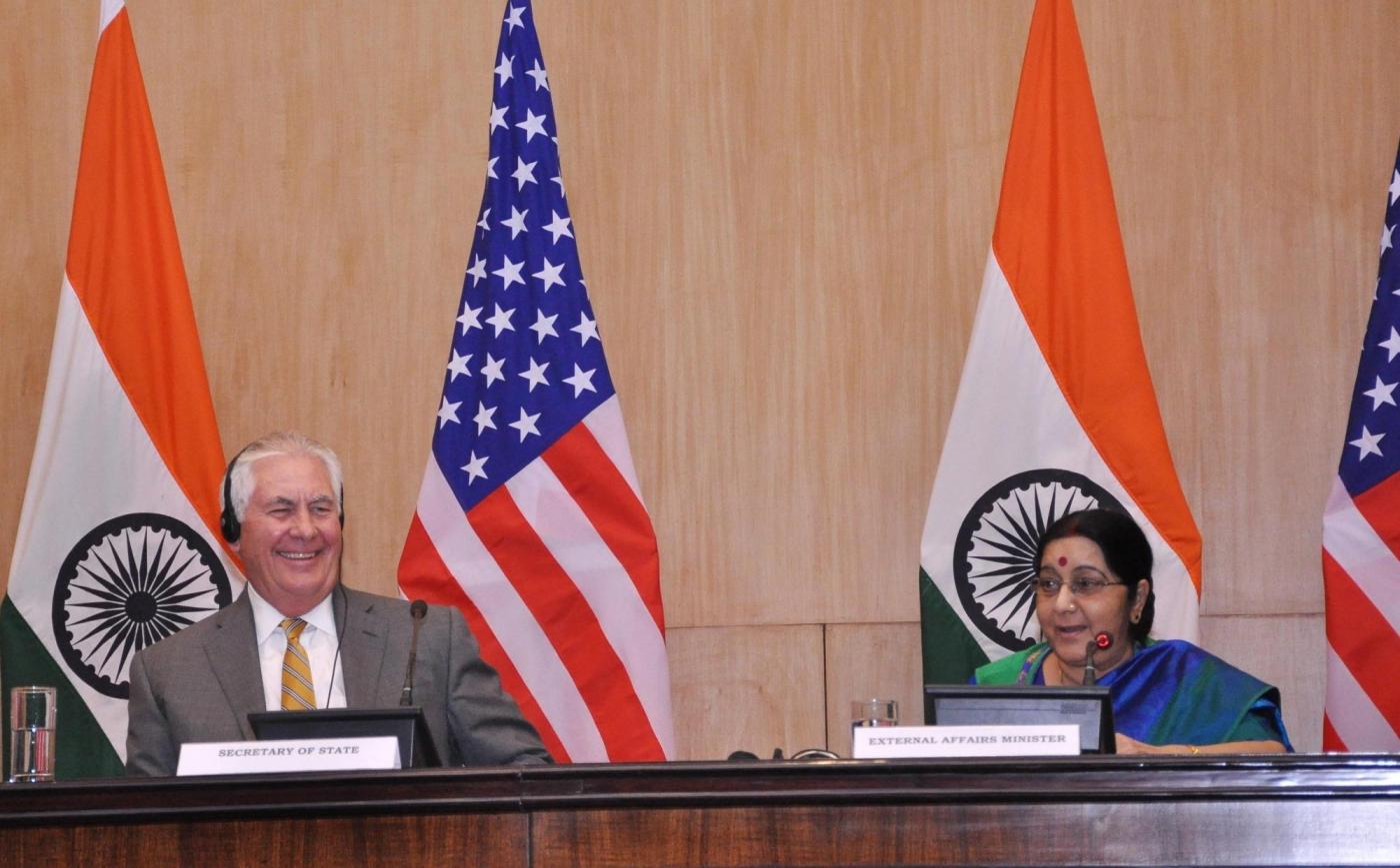 New Delhi: External Affairs Minister Sushma Swaraj and US Secretary of State Rex Tillerson during a joint press conference in New Delhi on Oct 25, 2017. (Photo: IANS) by .