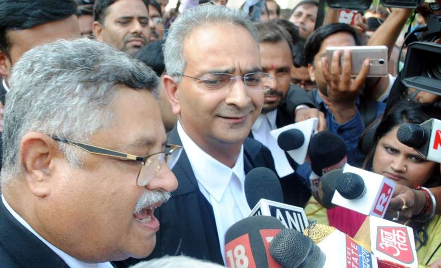 Allahabad: Tanveer Ahmad, lawyer of dentist couple Rajesh and Nupur Talwar who were acquitted in the double murder of their daughter Aarushi and domestic help Hemraj in 2008 by the Allahabad High Court, talks to press in Allahabad, on Oct 12, 2017. (Photo: IANS) by .