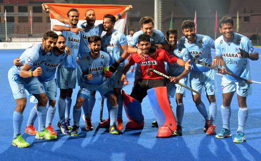 DHAKA, Oct. 23, 2017 (Xinhua) -- Players of India celebrate after winning the final of Asia Cup Hockey 2017 in Dhaka, Bangladesh, on Oct. 22, 2017. India clinched the title for the third time by defeating Malaysia with 2-1 in the final. (Xinhua/Salim Reza/IANS) by . 