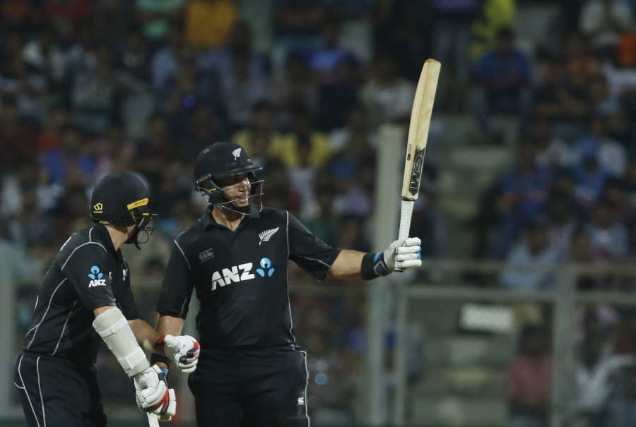 Mumbai: Ross Taylor of New Zealand celebrates his half century during the 1st ODI match between India and New Zealand at Wankhede Stadium in Mumbai on Oct 22, 2017. (Photo: Surjeet Yadav/IANS) by .