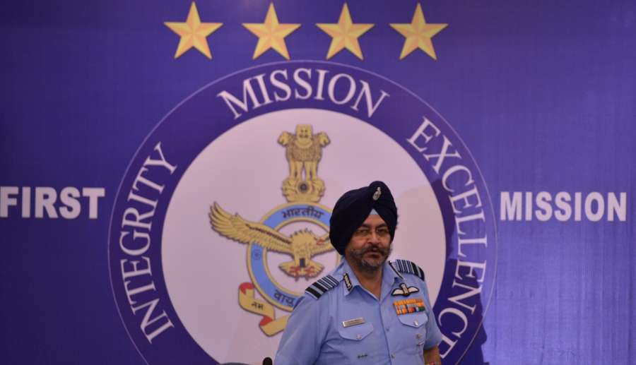 New Delhi: India Air force chief Air Chief Marshal B.S. Dhanoa addresses a press conference in New Delhi on Oct 5, 2017. IAF chief said they have a 'Plan B' to cater for the shortage of strength if there is a situation of war on two fronts. (Photo: IANS) by .