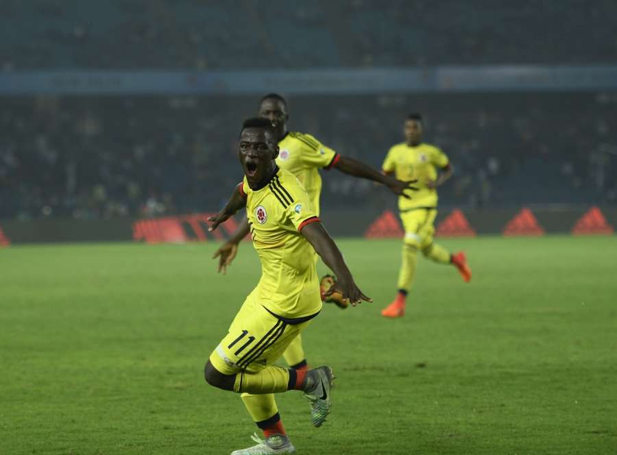 New Delhi: Juan Penaloza (J-11) celebrates after scoring the winning goal during a FIFA U-17 World Cup Group A match between India and Colombia at Jawaharlal Nehru Stadium in New Delhi on Oct 9, 2017. (Photo: P. Sarkar/IANS) by .
