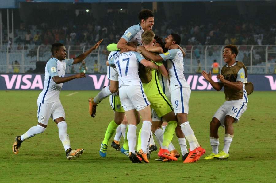 Kolkata: English players celebrate after winning the a Round of 16 match of FIFA U-17 World Cup 2017 between England and Japan at Salt Lake Stadium in Kolkata on Oct 17, 2017. (Photo: Kuntal Chakrabarty/IANS) by .