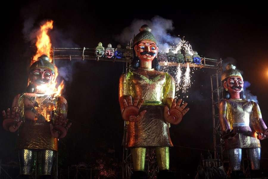 Kolkata: A 60 feet-tall Ravana effigy being burnt at Salt Lake on Dussehra in Kolkata on Sept 30, 2017. (Photo: Kuntal Chakrabarty/IANS) by .