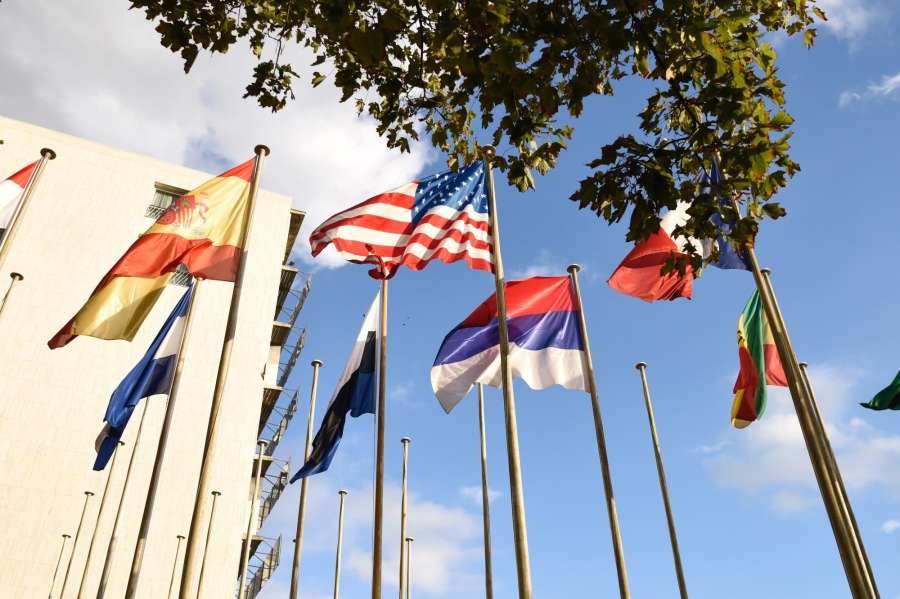 PARIS, Oct. 12, 2017 (Xinhua) -- Photo taken on Oct. 12, 2017 shows flags outside the United Nations Educational, Scientific and Cultural Organization (UNESCO) headquarters in Paris, France. The United States on Thursday informed the UNESCO that it would formally withdraw from the organization on Dec. 31, 2018. (Xinhua/Chen Yichen/IANS) by .