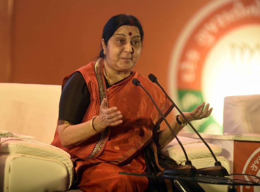 Ahmedabad: External Affairs Minister Sushma Swaraj addresses at a 'Mahila Town Hall' in Ahmedabad on Oct 14, 2017. (Photo: IANS) by . 
