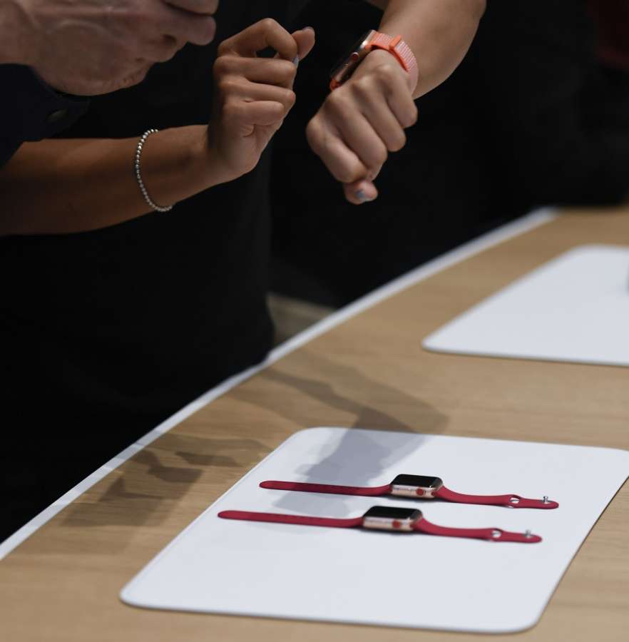 CUPERTINO (U.S.), Sept. 12, 2017 (Xinhua) -- People try new Apple Watch during a special event in Cupertino, California, the United States on Sept. 12, 2017. Apple Inc. released a series of new products and services in Cupertino on Tuesday. (Xinhua/IANS) by .