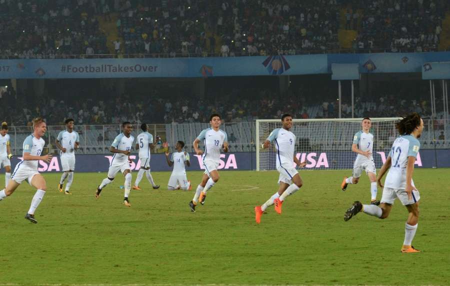 Kolkata: English players celebrate after winning the a Round of 16 match of FIFA U-17 World Cup 2017 between England and Japan at Salt Lake Stadium in Kolkata on Oct 17, 2017. (Photo: Kuntal Chakrabarty/IANS) by .