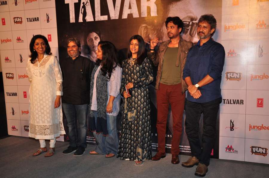 Mumbai: Filmmakers Priti Shahani, Vishal Bhardwaj, Meghna Gulzar, actors Konkona Sen Sharma, Irrfan Khan and Neeraj Kabi during the trailer launch of film Talvar in Mumbai on Aug 22, 2015. (Photo: IANS) by .