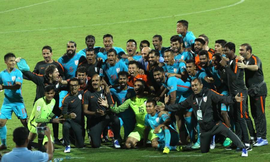 Bengaluru: Indian team celebrate winning 2019 AFC Asian Cup qualifier match against Macau at Kanteerava Stadium in Bengaluru, on Oct 11, 2017. (Photo: IANS) by .