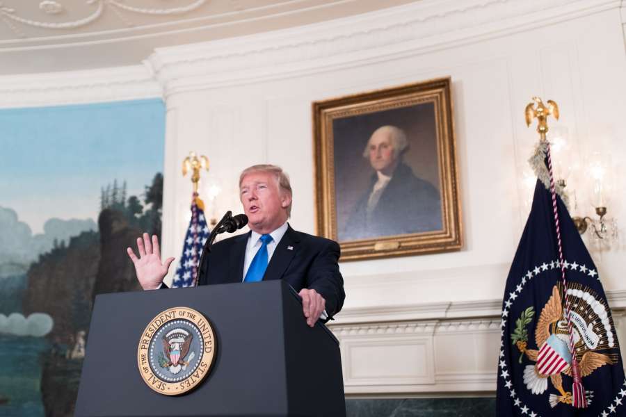 WASHINGTON, Oct. 13, 2017 (Xinhua) -- U.S. President Donald Trump speaks on new Iran strategy at the White House in Washington D.C., the United States, on Oct. 13, 2017. U.S. President Donald Trump rolled out his new Iran strategy on Friday, vowing to deny Tehran "all paths to a nuclear weapon" in a major shift in Washington's Iran policy. (Xinhua/Ting Shen/IANS) by .