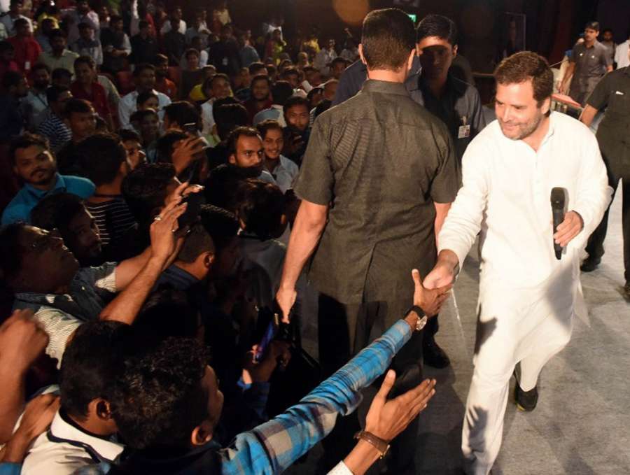 Congress Vice President Rahul Gandhi during an interaction with students at in Vadodara of Gujarat on Oct 10, 2017. (Photo: IANS) by .