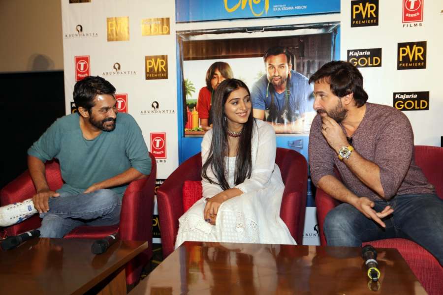 New Delhi: Actors Saif Ali Khan and Padmapriya Janakiraman along with Director Raja Krishna Menon during the promotions of their upcoming film "Chef" in New Delhi on Sept 28. 2017. (Amlan Paliwal/IANS) by .