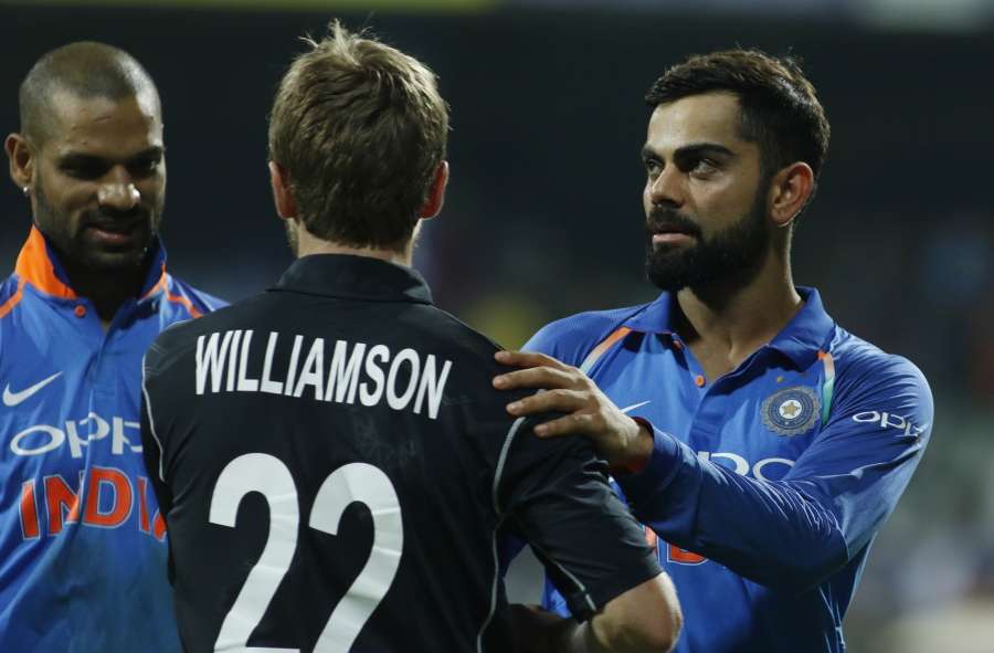 Mumbai: New Zealand captain Kane Williamson and Indian captain Virat Kohli after the 1st ODI match between India and New Zealand at Wankhede Stadium in Mumbai on Oct 22, 2017. New Zealand won by six wickets with six balls remaining. (Photo: Surjeet Yadav/IANS) by .