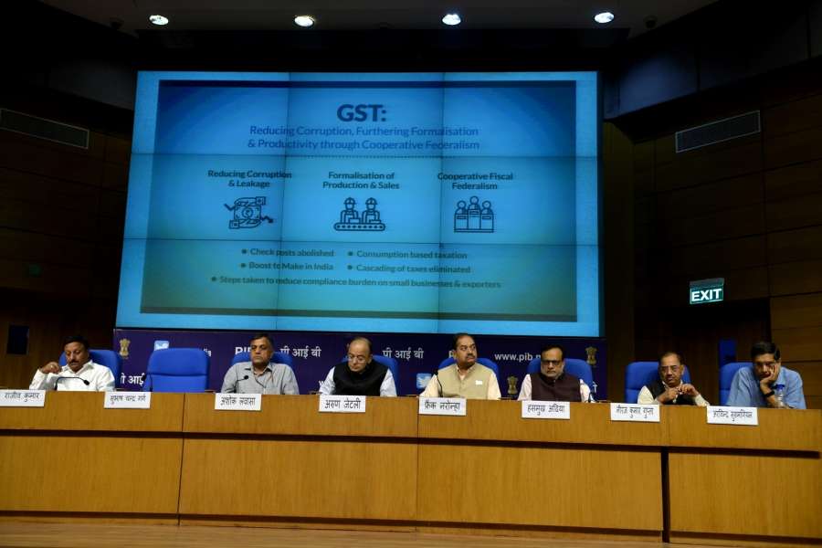 New Delhi: Union Finance Minister Arun Jaitley addresses a press conference in New Delhi, on Oct 24, 2017. Also seen Finance Secretary Ashok Lavasa, Revenue Secretary Dr. Hasmukh Adhia, Press Information Bureau Principal Director General (M&C) AP Frank Noronha, Chief Economic Adviser (CEA) Arvind Subramanian and other dignitaries. (Photo: IANS) by .
