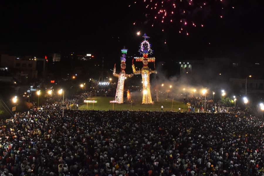 Jaipur: Effigies of Ravana and other demons being set on fire on Dussehra in Jaipur, on Sept 30, 2017. (Photo: Ravi Shankar Vyas/IANS) by .